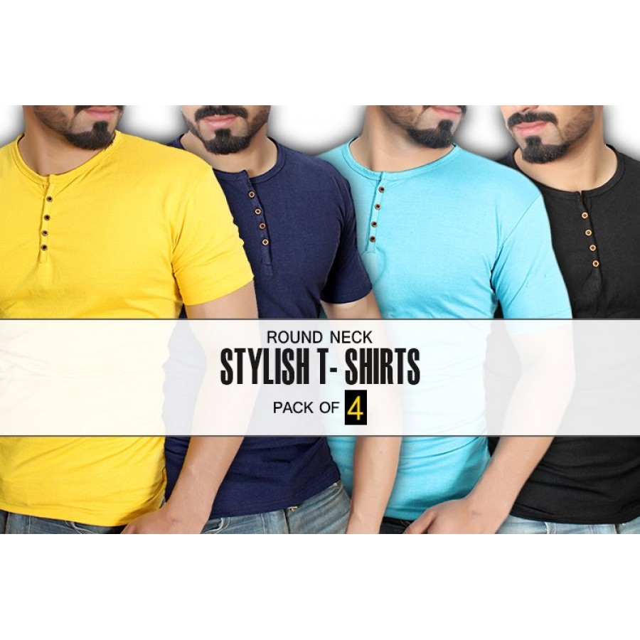 Pack of 4 Plain Round-Neck Button Style T-Shirt 