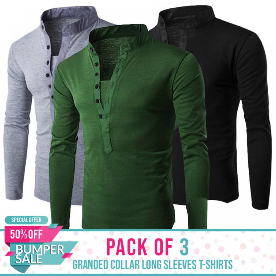 Pack Of 3 Grandad Collar Long Sleeve T Shirts - BUMPER DISCOUNT SALE