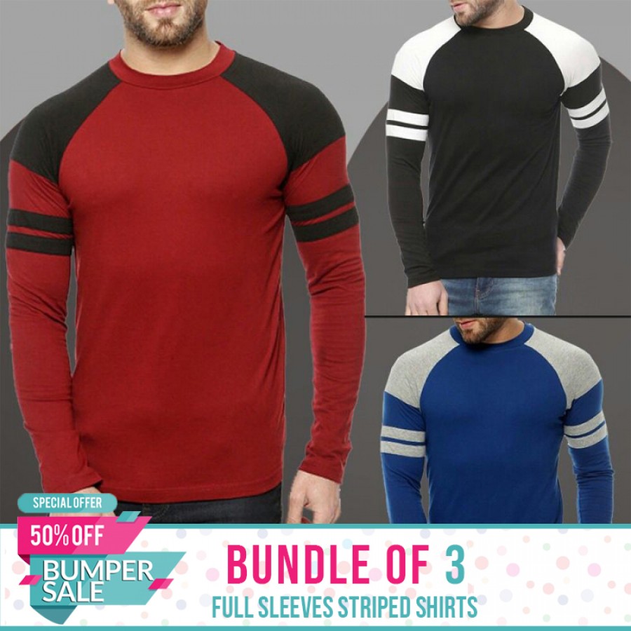 Bundle Of 3 Full Sleeves Striped T-Shirt -Bumper Discount Sale