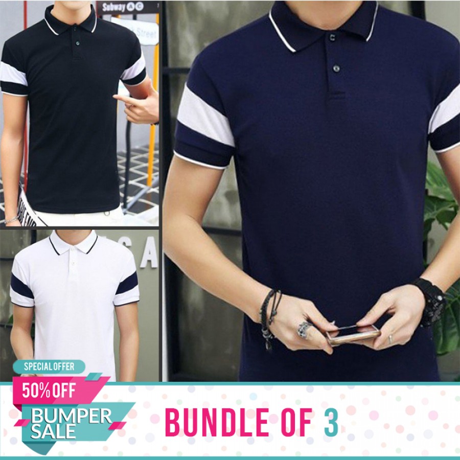 Bundle of 3 Stripe Sleeves Polo T-Shirts-Bumper Discount Sale