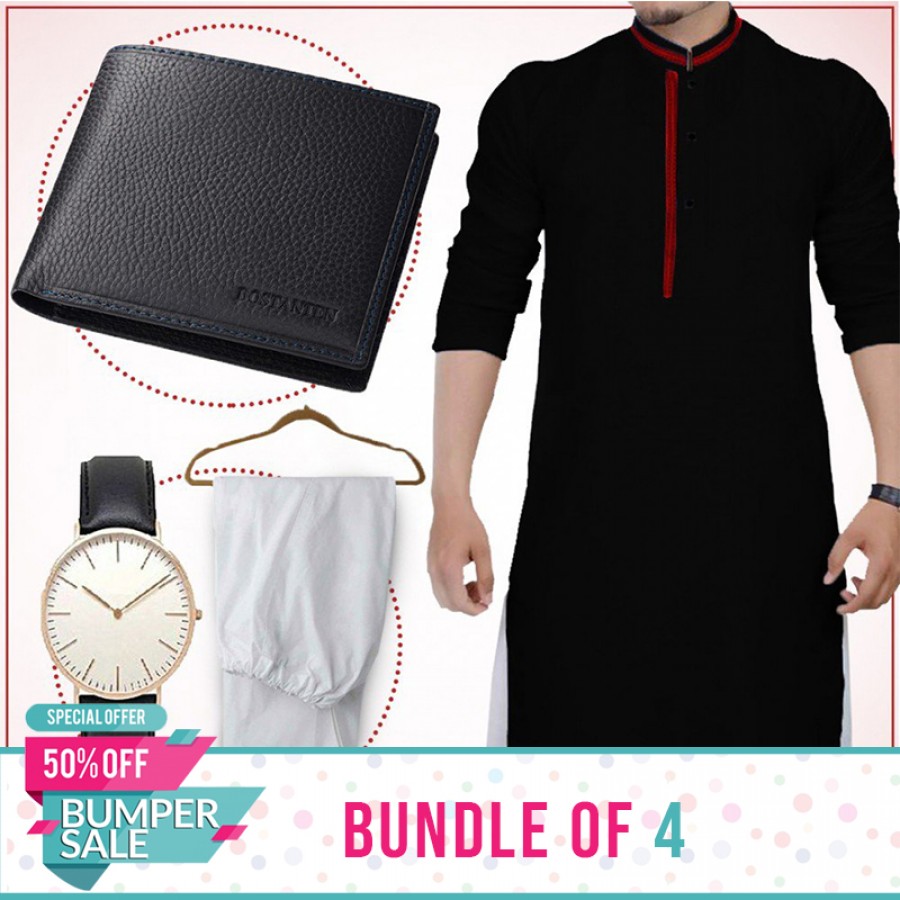Bundle of 4 ( 1 Kurta,1 Shalwar, 1 wallet and 1 watch )- Bumper DIscount Sale