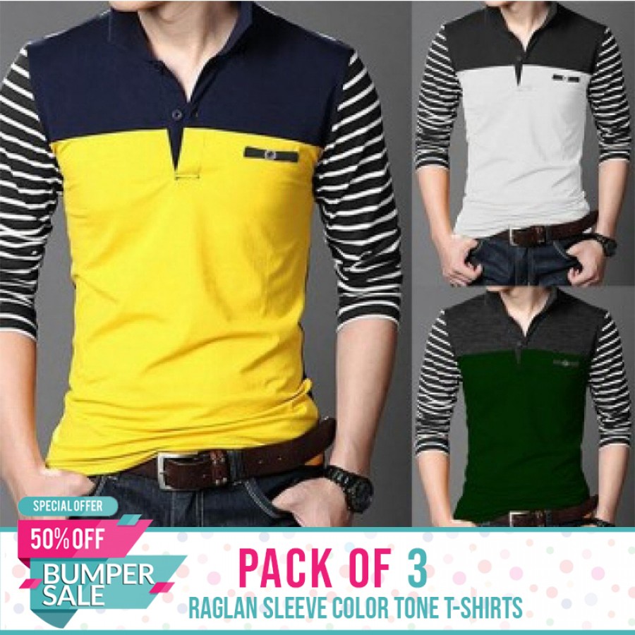 Pack of 3 Raglan Sleeve Color Tone T-shirts-Bumper discount sale