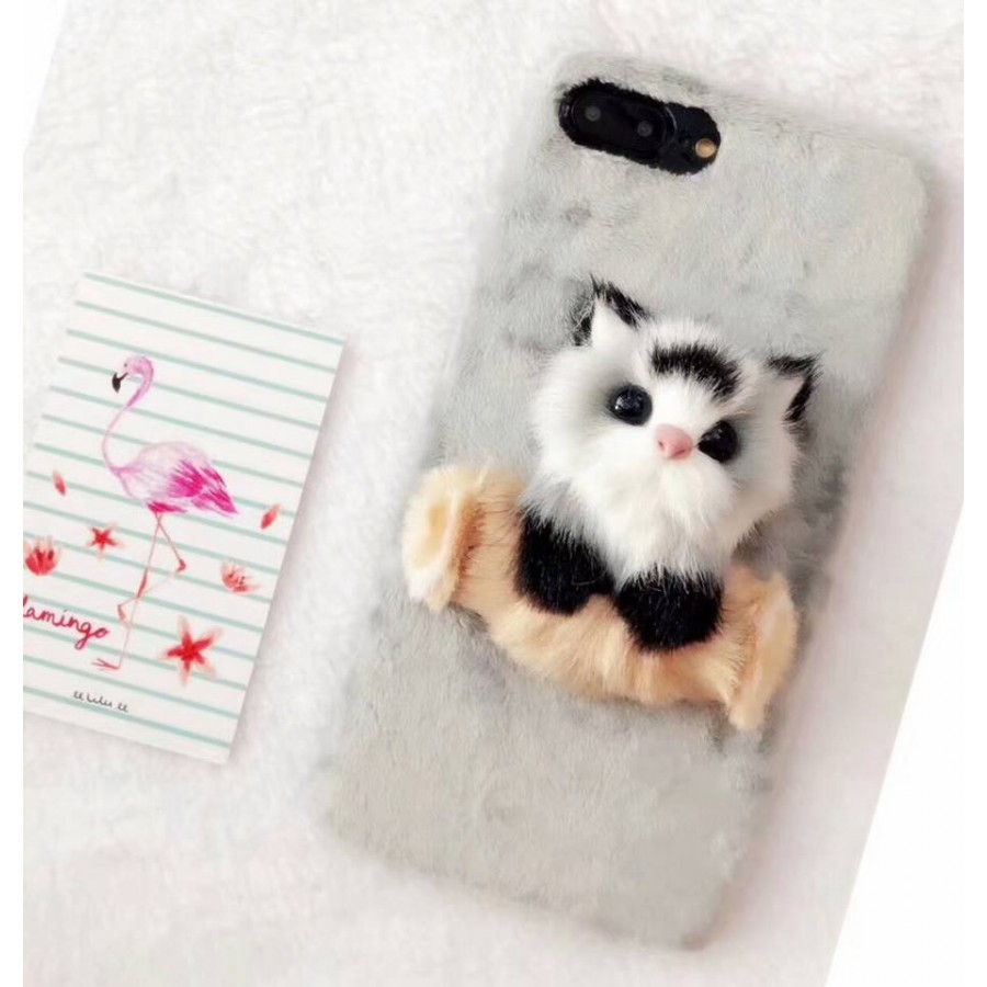 ( PK022 ) Fur case with cute furry cats  Grey fur case with cute furry 3d cats kittens