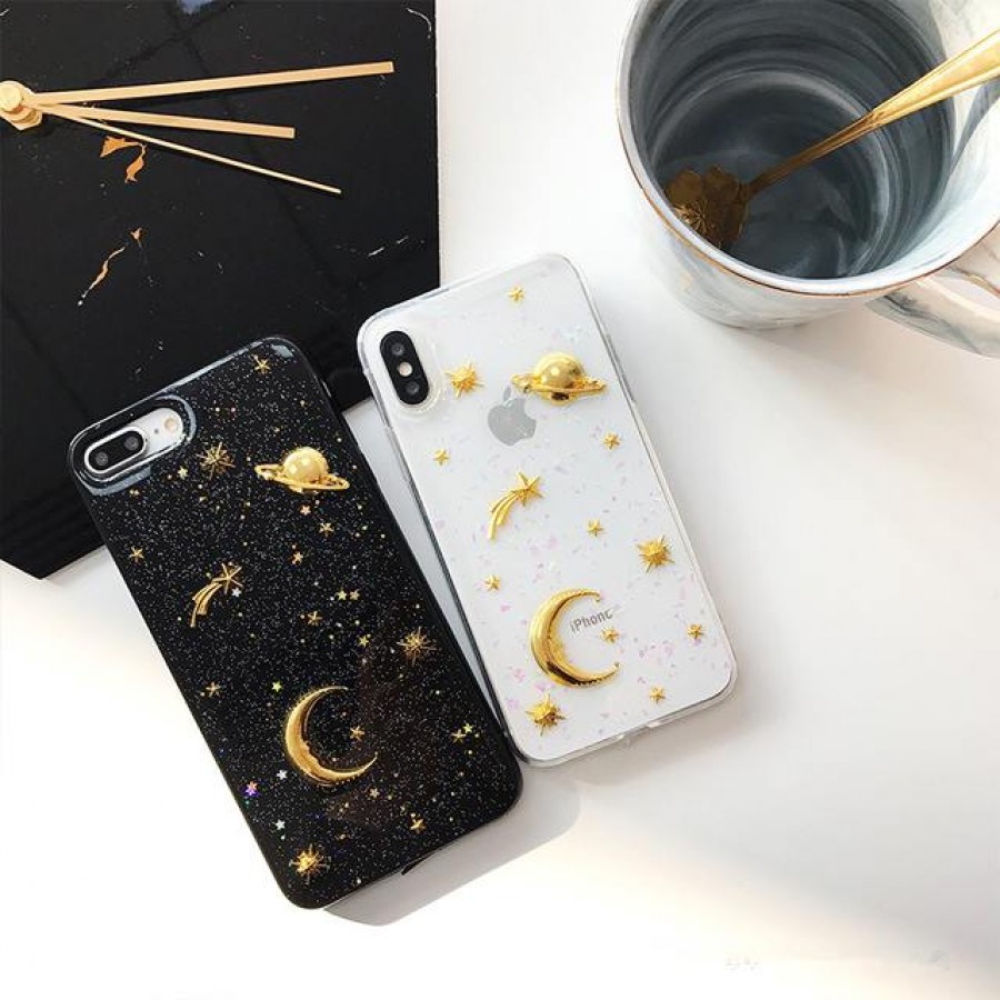 PK015 Transparent case with moons and stars  Soft glittery luxury case with printed 3d electroplated moons and stars