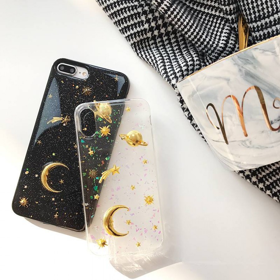 PK015 Transparent case with moons and stars  Soft glittery luxury case with printed 3d electroplated moons and stars