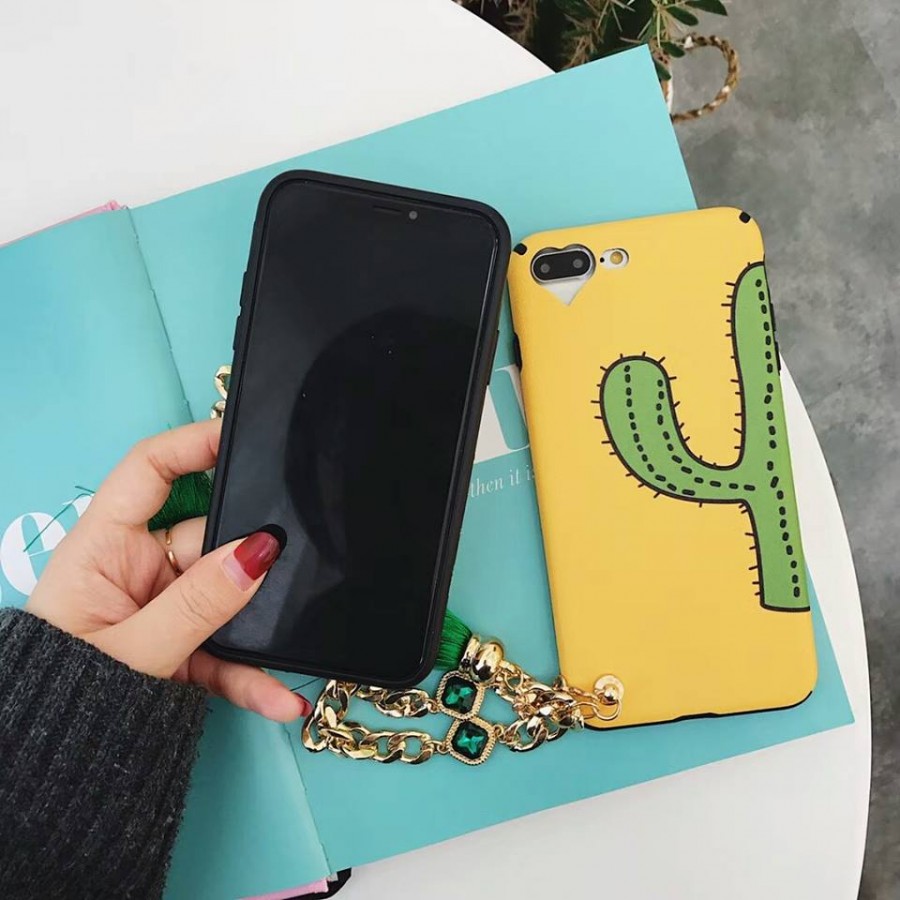 ( PK014 ) Cactus printed case with chain and green tassle  Yellow case with cactus print and chain holder and green tassle for good 