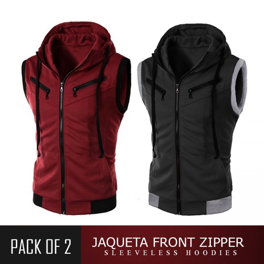 Pack of 2 Jaqueta Front Zipper Sleeveless Hoodies