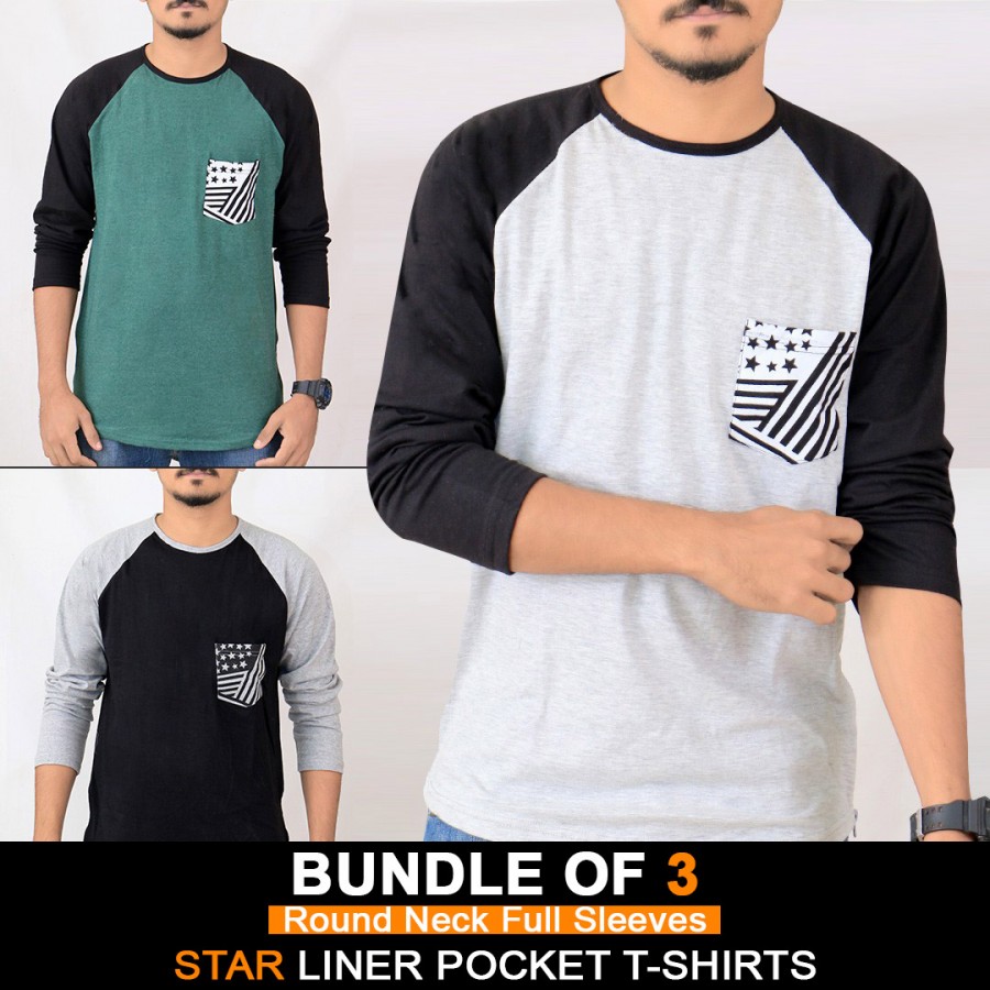 Bundle of 3 ( Round Neck Full Sleeves ) Star Liner Pocket T-Shirts