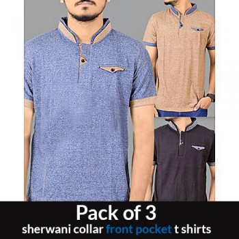 Pack of 3 sherwani collar front pocket t shirts