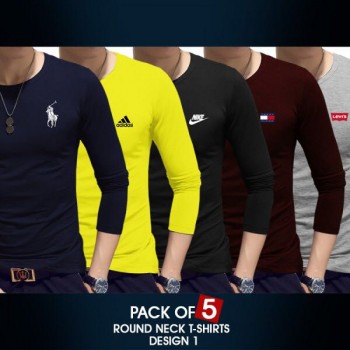 Pack of 5 round neck full sleeves t-shirts ( Design 1)