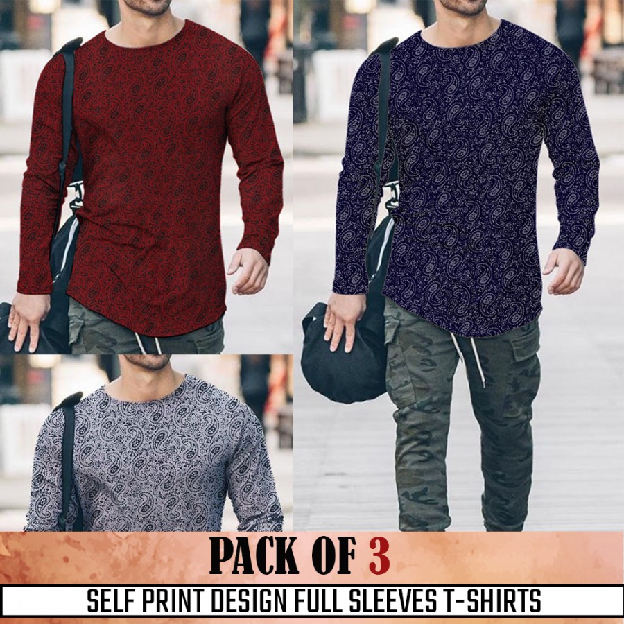 Pack Of 3 ( Self Print Design Full SleevesT- shirt)