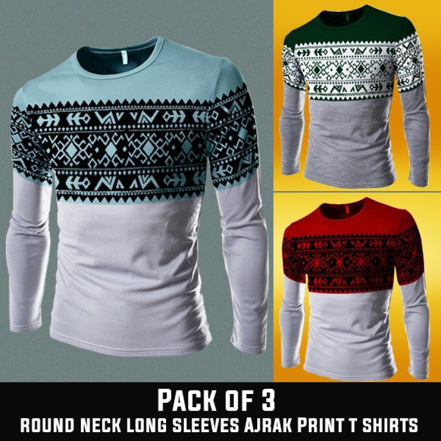 PACK OF 3  ( Round Neck Long Sleeves Ajrak Print T-Shirts )