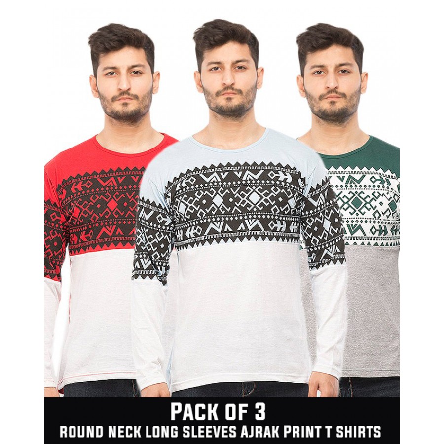 PACK OF 3  ( Round Neck Long Sleeves Ajrak Print T-Shirts )