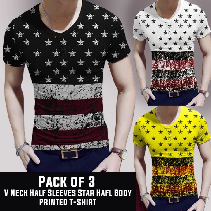 PACK OF 3  ( V-Neck half sleeves star half body printed T-Shirts )