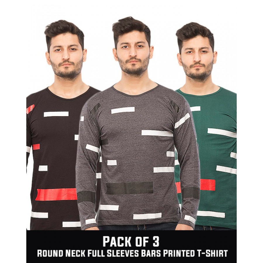 PACK OF 3  ( Round Neck Full Sleeves Bar  printed T-Shirts )