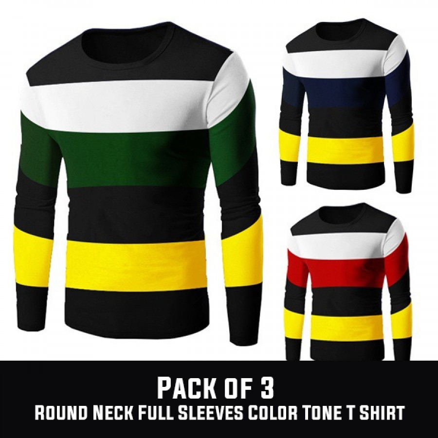 PACK OF 3  ( Round Neck Full Sleeves Color Tone T-Shirts )