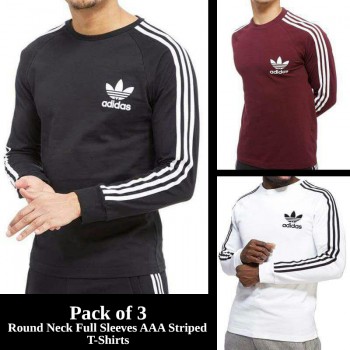 Pack of 3 Round Neck Full Sleeves AAA Striped T-Shirts