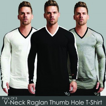 Pack of 3 V-Neck Roglan Thumb Hole T-Shirt