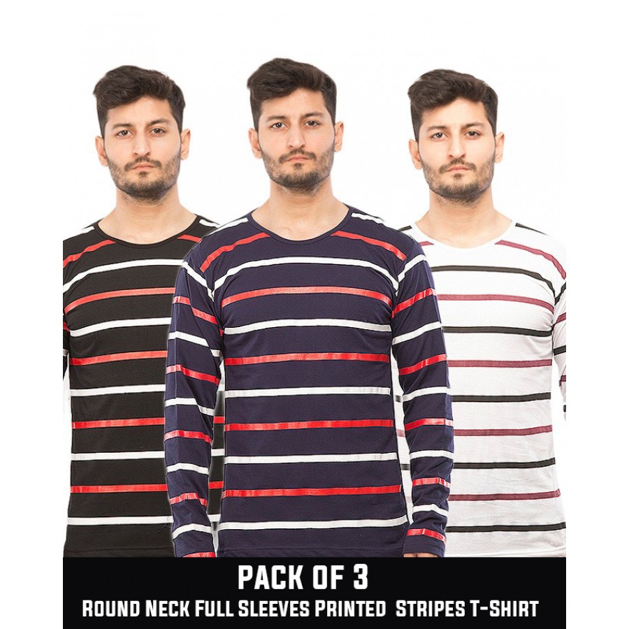 Pack of 3 Round Neck Full Sleeves Printed Stripes T-Shirt