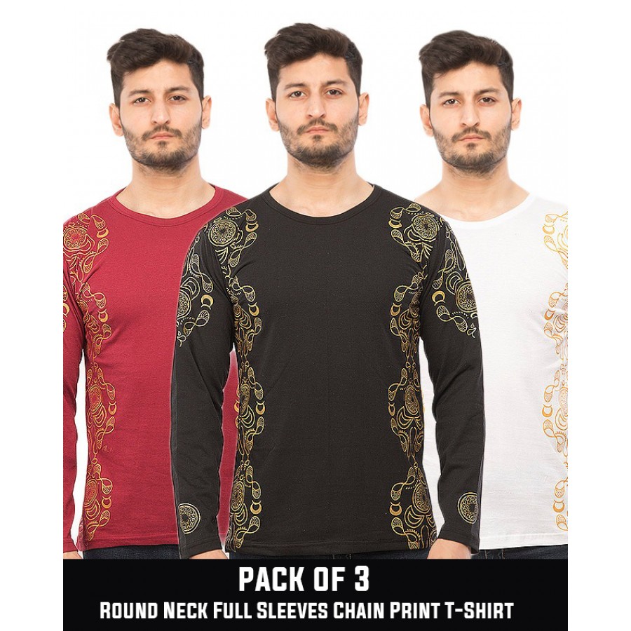 Pack of 3  Round Neck Full Sleeves Chain Print T-Shirt