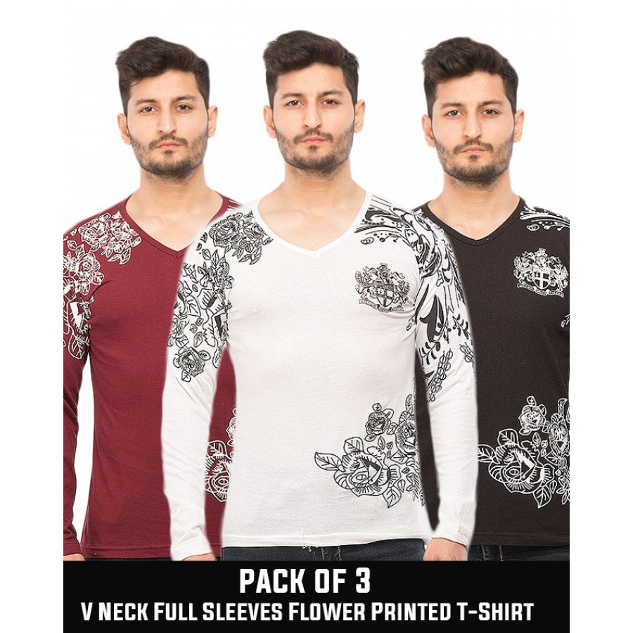 Pack of 3  V Neck Full Sleeves Flower Printed T-Shirt