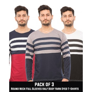 Pack of 3  Round Neck Full Sleeves Half Body Yarn Dyed T-Shirts