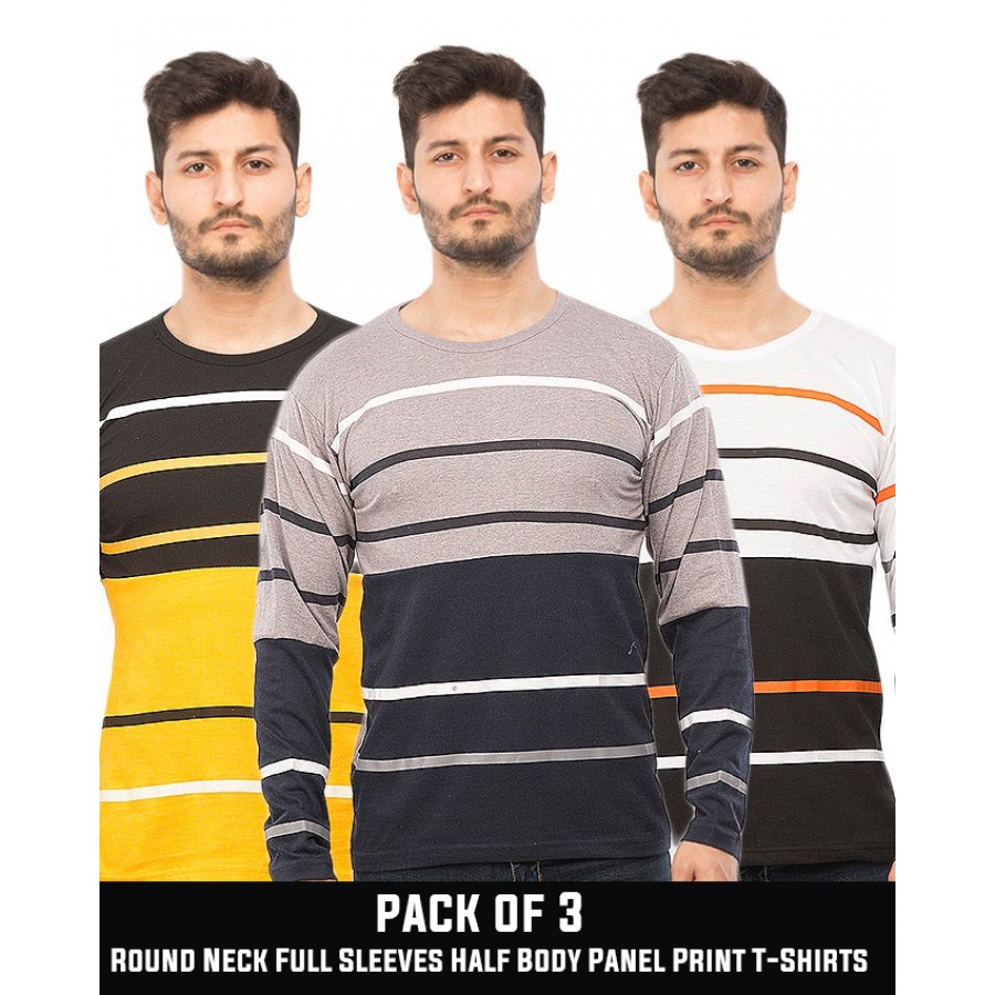 Pack of 3 Round Neck Full Sleeves Half Body Panel Print T-Shirts
