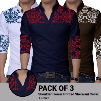 Pack of 3 Shoulder Flower Printed Sherwani Collar  T-Shirt