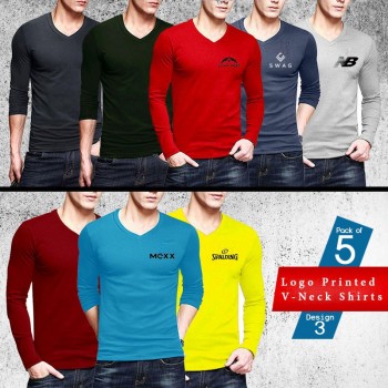 Pack of 5 Logo Printed V Neck Shirts - Design 3