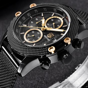 BENYAR Sport Chronograph Fashion Watches Men Mesh Rubber Band Waterproof Luxury Brand Quartz Watch Gold Saat