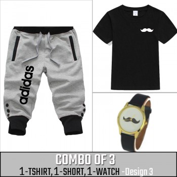 Combo of 3 ( 1 Shirt , 1 Watch , 1 Short ) ( Design-3) - Gray