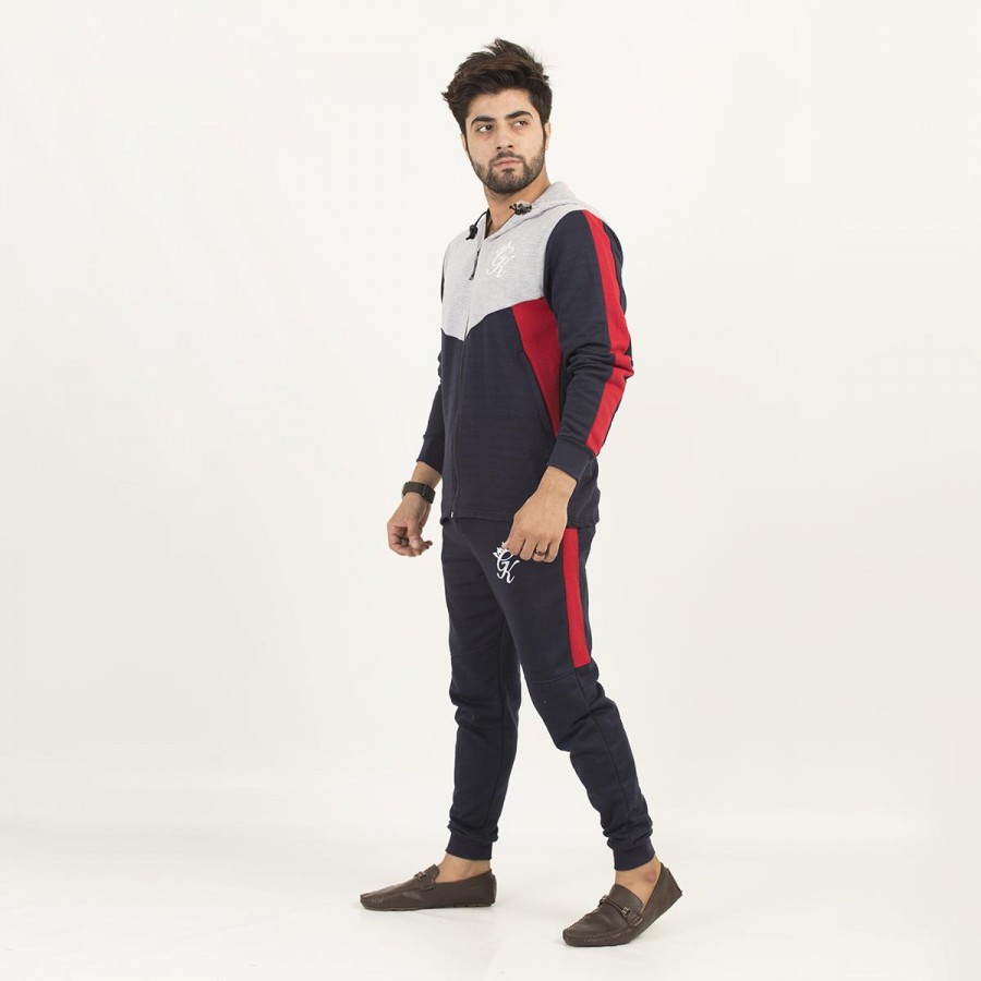 Navy Blue GK Multi color Fleece Winter 2020 Track Suit with Hoodie and Trouser for Men - Design 2