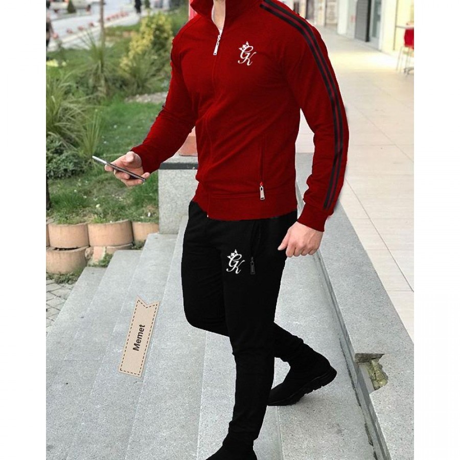Maroon GK Multicolour Fleece Winter Designer 2020 Track Suit With Jacket And Trouser For Men - Design 7
