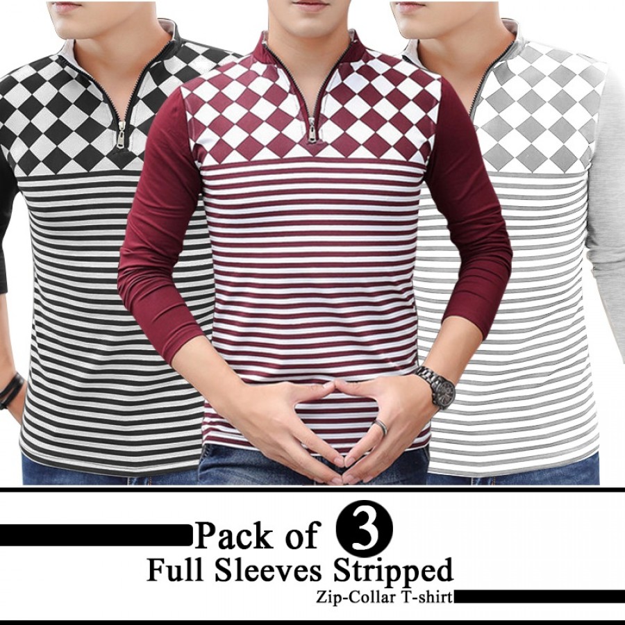 Pack of 3 Full Sleeves Stripped Zip-Collar T-shirt