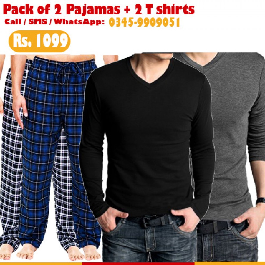 Pack of 4 (2 Pajamas and 2 Full Sleeves V Neck T Shirts)