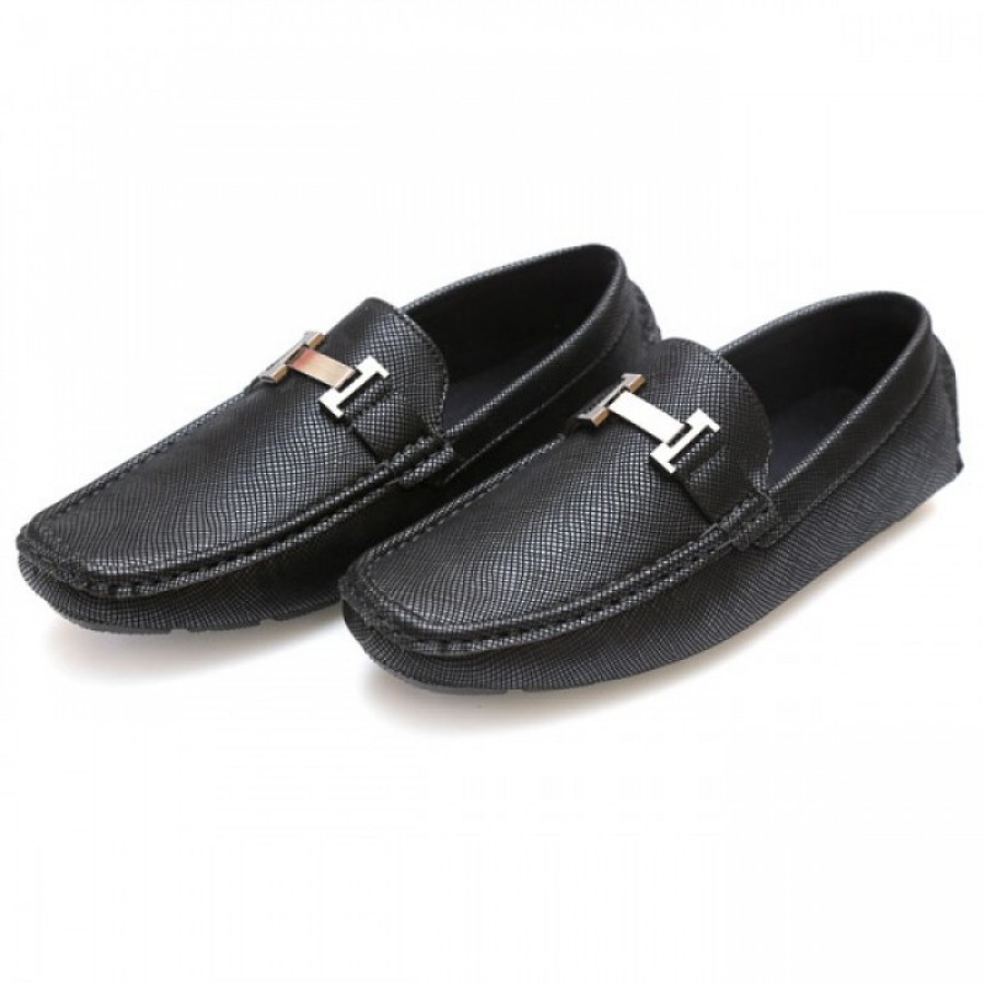 Hermes Black Stitched Stylish Design Loafer Shoes H1