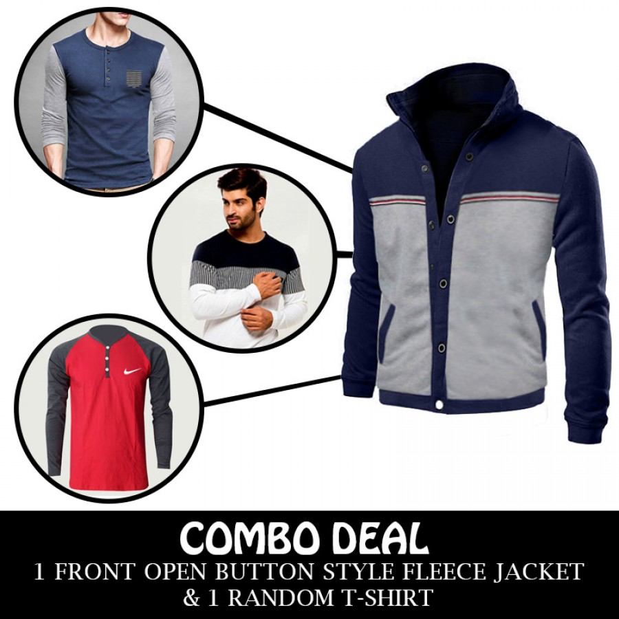 Combo Deal 1 Front Open Button Style Fleece Jacket And 1 Random T-Shirt