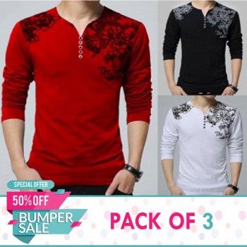 Pack Of 3 Y Neck Full Sleeves Printed T-Shirts- Bumper Discount Sale