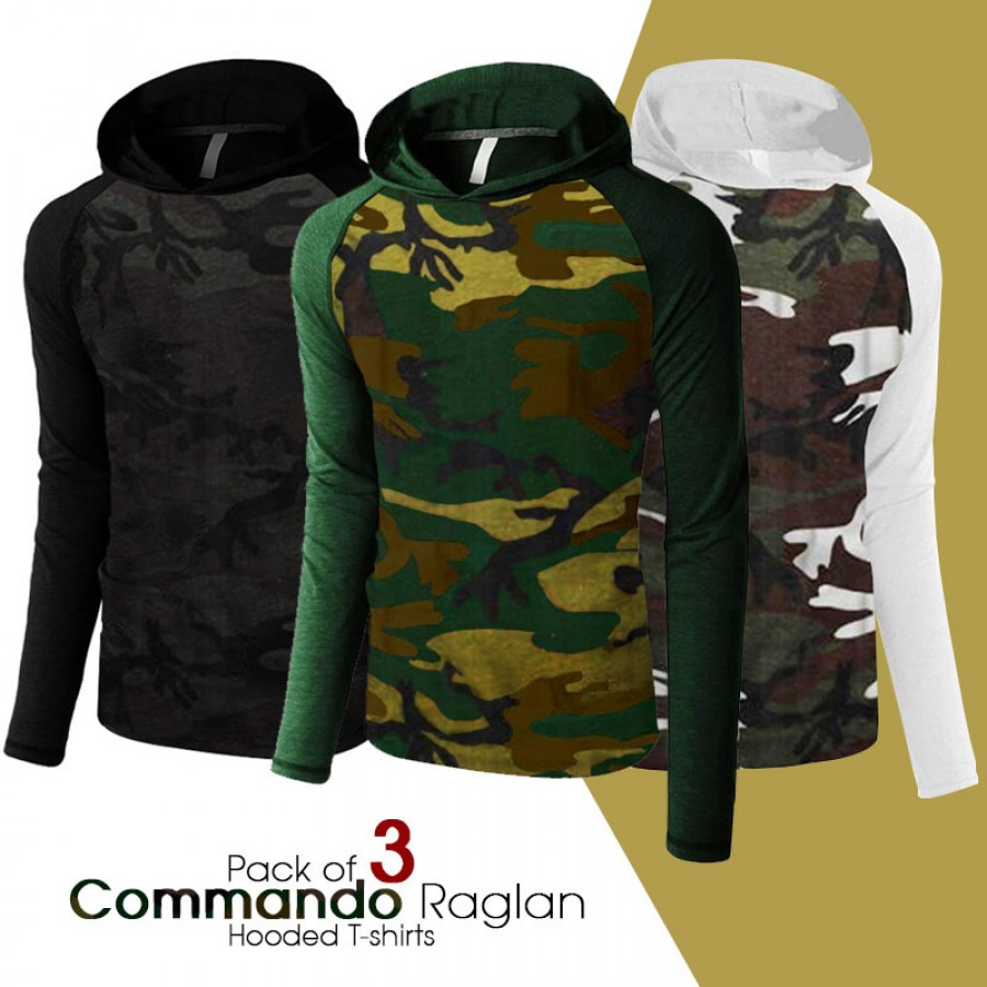 Pack of 3 Commando Raglan Hooded T-shirts