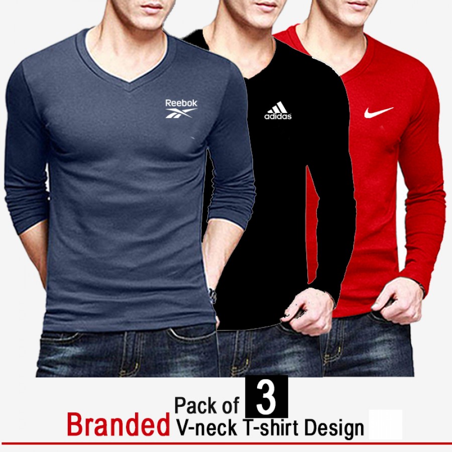Pack Of 3 Branded Long Sleeve V-Neck Shirts