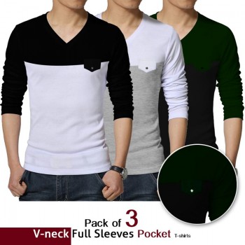 Pack of 3 V-Neck full Sleeve Pocket T-shirt