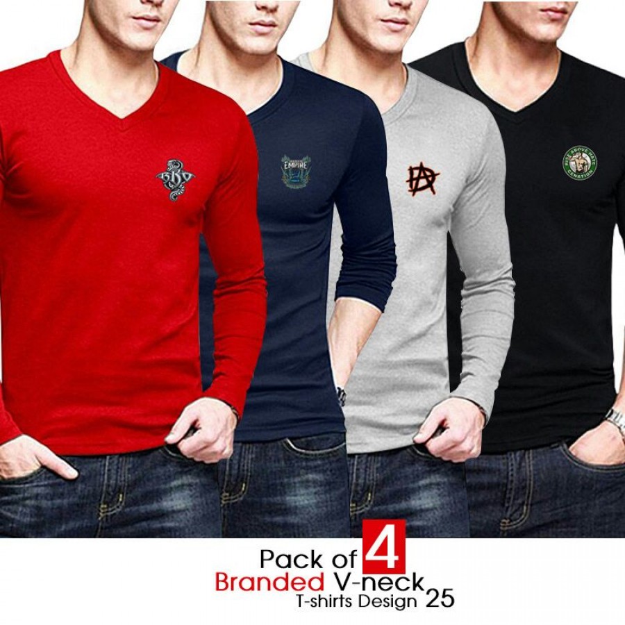 Pack of 4 Branded V-neck T-shirts Design 25