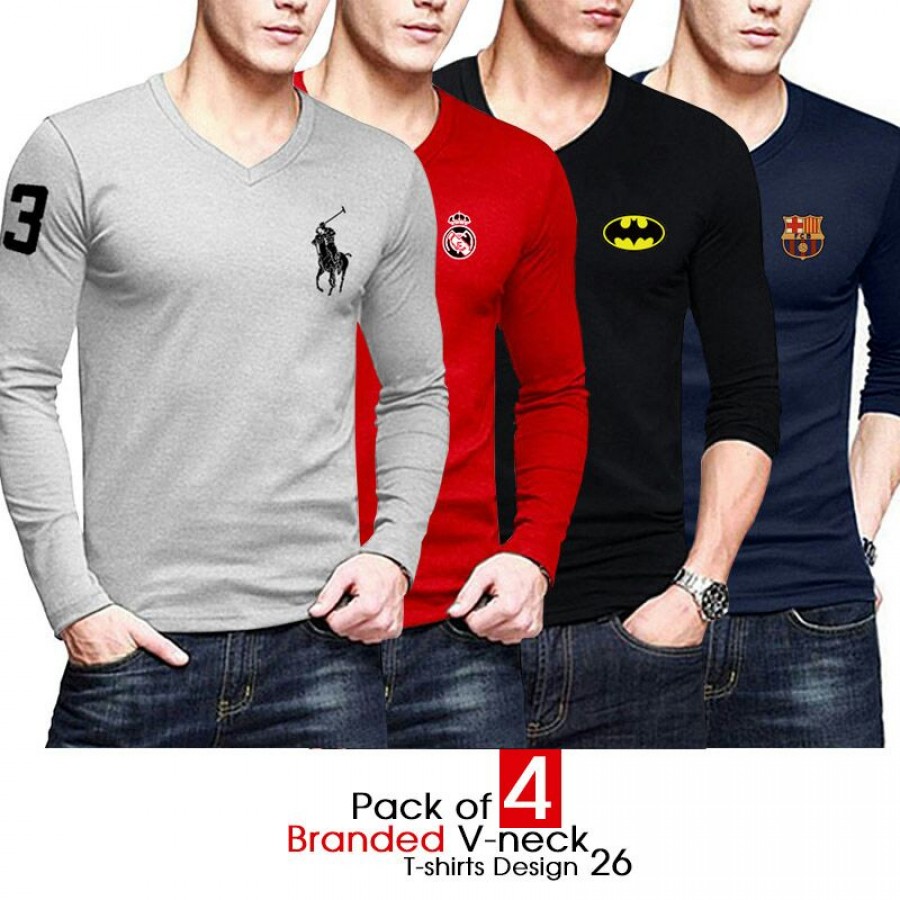 Pack of 4 Branded V-neck T-shirts Design 26