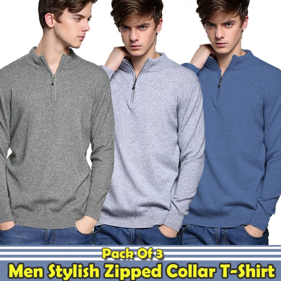 Pack Of 3 Men Stylish Zipped Collar T-Shirt 