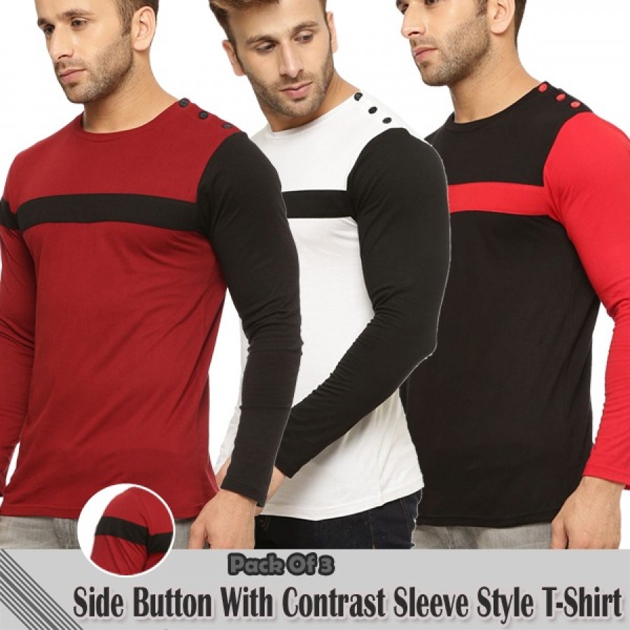 Pack Of 3 Side Button With Contrast Sleeve Style T-Shirt For Men 