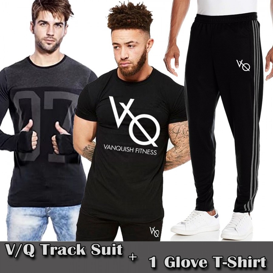V/Q Stylish Track Suit + 1 Glove T-Shirt For Men - Black 