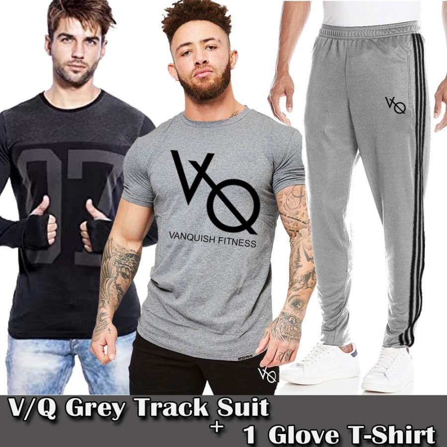 V/Q Stylish Track Suit + 1 Glove T-Shirt For Men - Grey 