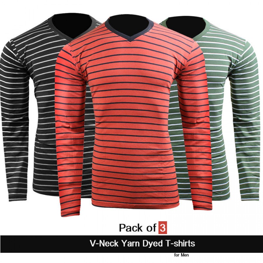 Pack of 3 V-Neck Yarn Dyed T-shirts for Men