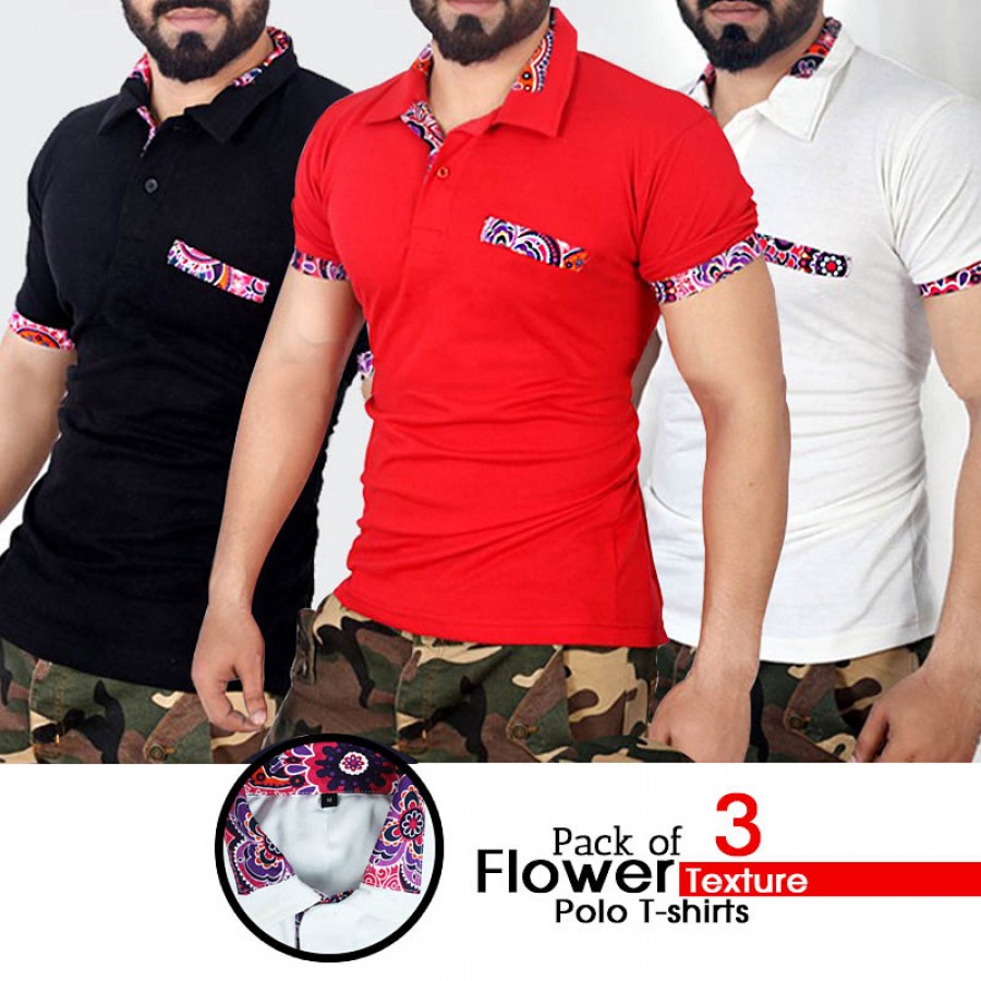 Pack Of 3 Flower Texture Polo T Shirts