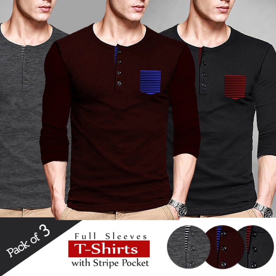Pack Of 3 Full Sleeves T Shirts With Stripe Pocket